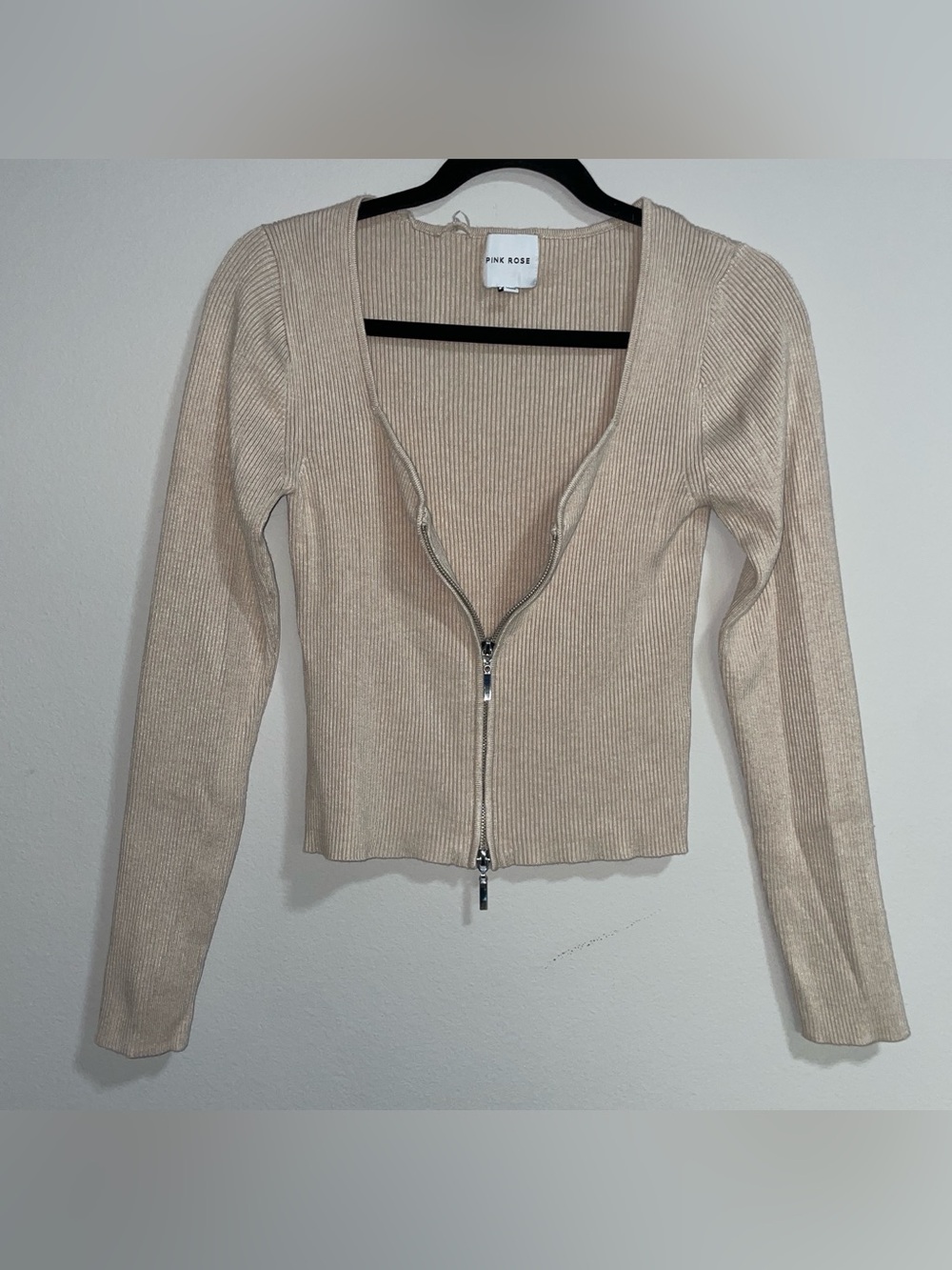 PINK ROSE | Ribbed Zip-Front Top in Beige - Picture 2 of 9